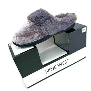 Nine West Excalibur Women Gray Mule/Clog Slipper Sz 7-8 Velvet Faux Fur Trim New